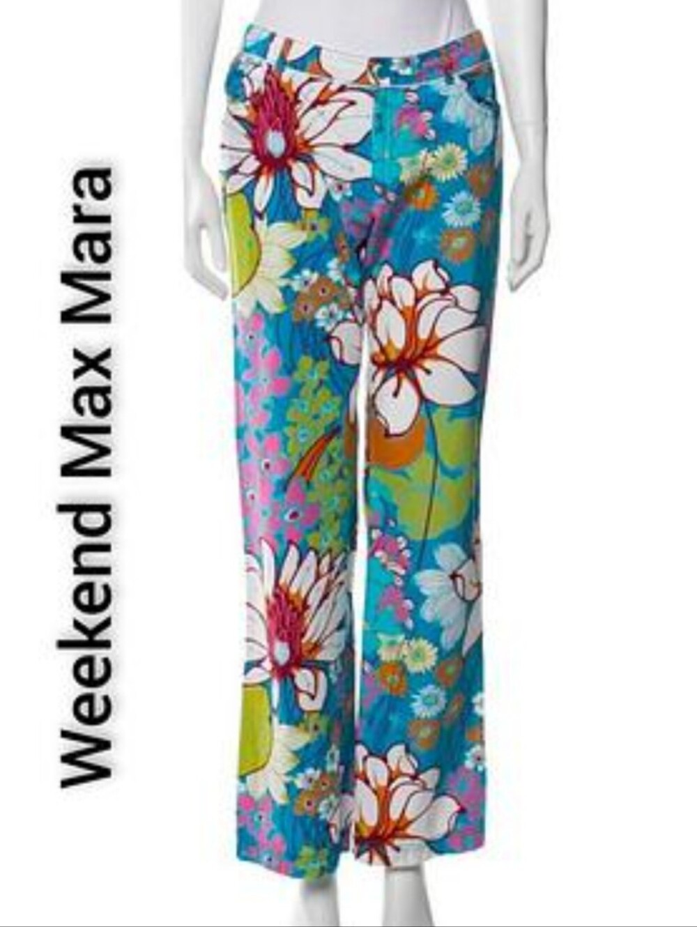 Weekend Max Mara Retro Cotton Colorful Floral Wide Leg Tropical Pants Size 8 NWT